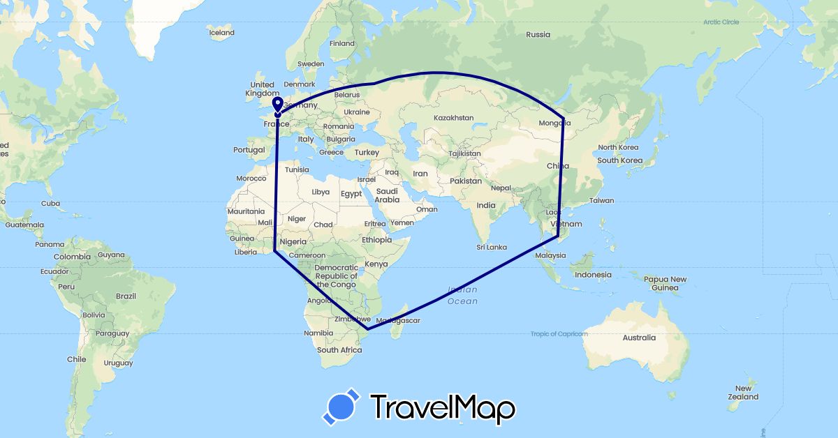 TravelMap itinerary: driving in France, Cambodia, Mongolia, Mozambique, Russia, Togo (Africa, Asia, Europe)